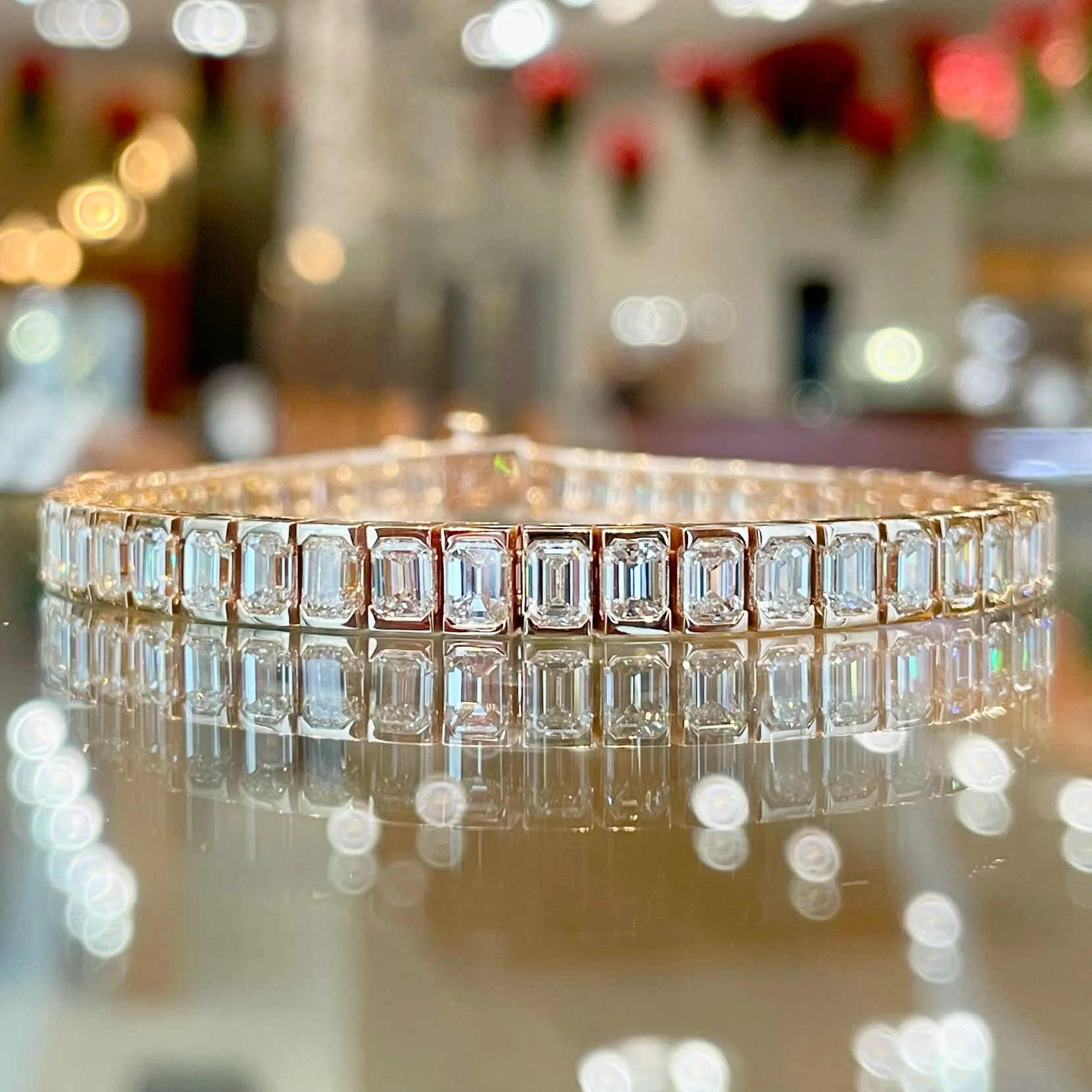 18KT Rose Gold Emerald Cut Tennis Bracelet with 13.03ctw dia...