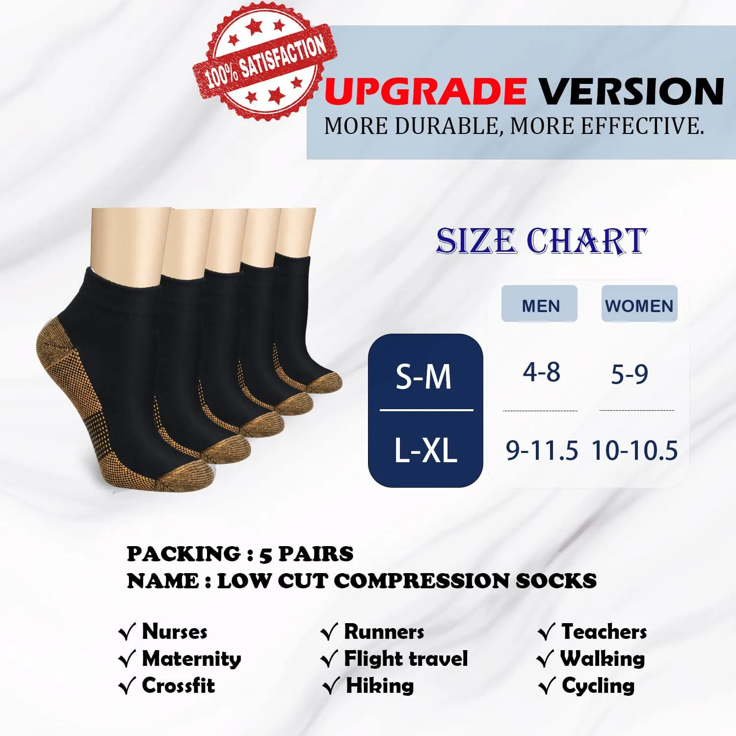 5 Pairs Low Cut Copper Compression Foot Sleeves for Men & Women