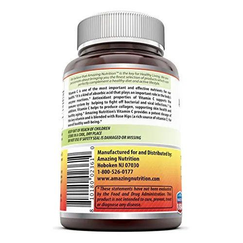Amazing Nutrition Amazing Fórmulas no GMO Vitamina C con rosa caderas * 240 tabletas * 1000 mg Vitamina C con 62,50 mg de extracto de fruta de escaramujo * Proporciona apoyo inmunológico, apoyo antioxidante, 3610, paquete de de 1, 1