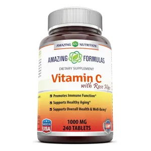 Amazing Nutrition Amazing Fórmulas no GMO Vitamina C con rosa caderas * 240 tabletas * 1000 mg Vitamina C con 62,50 mg de extracto de fruta de escaramujo * Proporciona apoyo inmunológico, apoyo antioxidante, 3610, paquete de de 1, 1