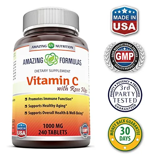 Amazing Nutrition Amazing Fórmulas no GMO Vitamina C con rosa caderas * 240 tabletas * 1000 mg Vitamina C con 62,50 mg de extracto de fruta de escaramujo * Proporciona apoyo inmunológico, apoyo antioxidante, 3610, paquete de de 1, 1