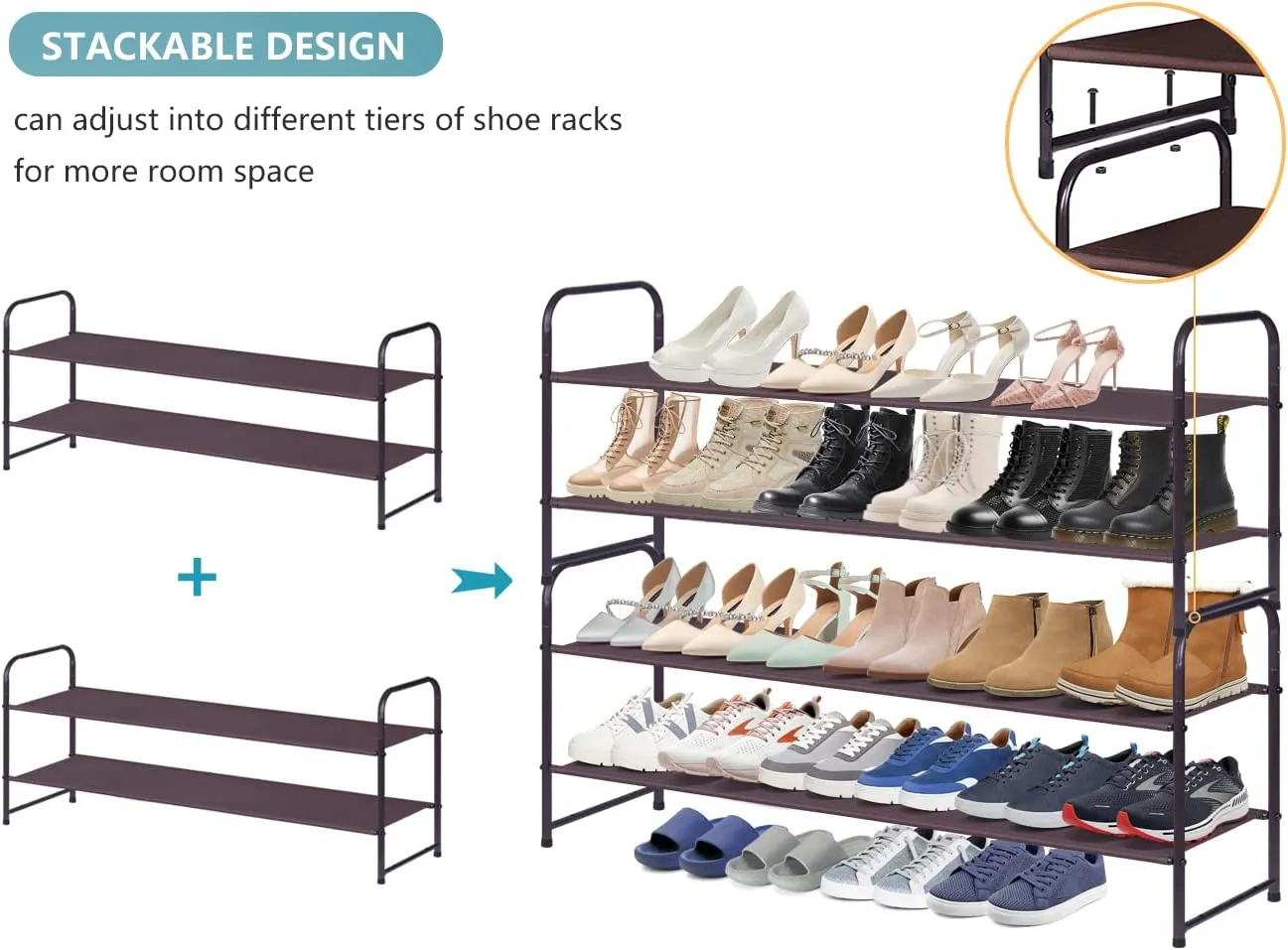 AOODA 2 Tier Long Shoe Rack for Closet Stackable Wide Low 18-Pairs Fabric Shoe Shelf Storage Organizer for Floor,Bedroom (Bronze)