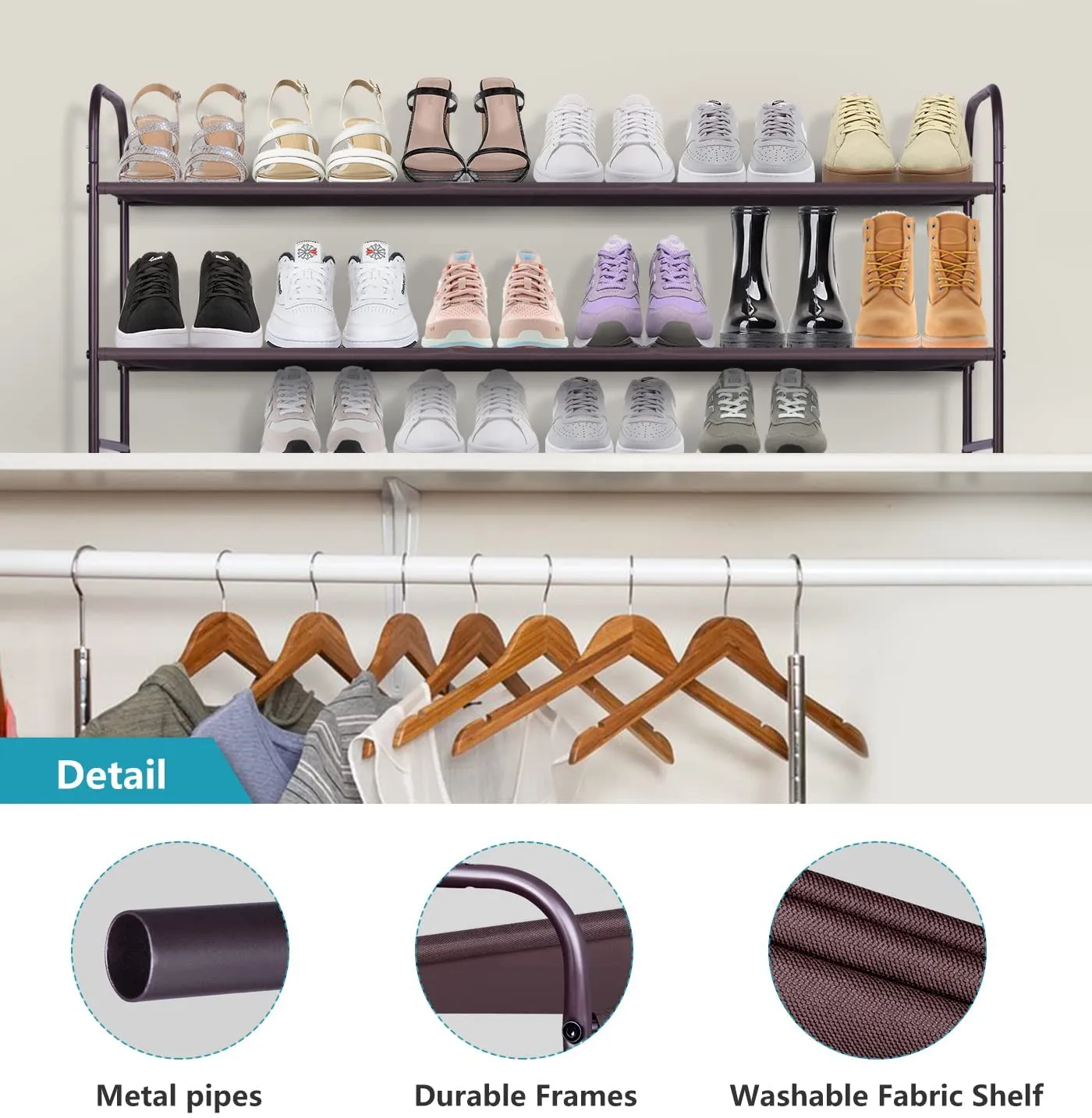 AOODA 2 Tier Long Shoe Rack for Closet Stackable Wide Low 18-Pairs Fabric Shoe Shelf Storage Organizer for Floor,Bedroom (Bronze)