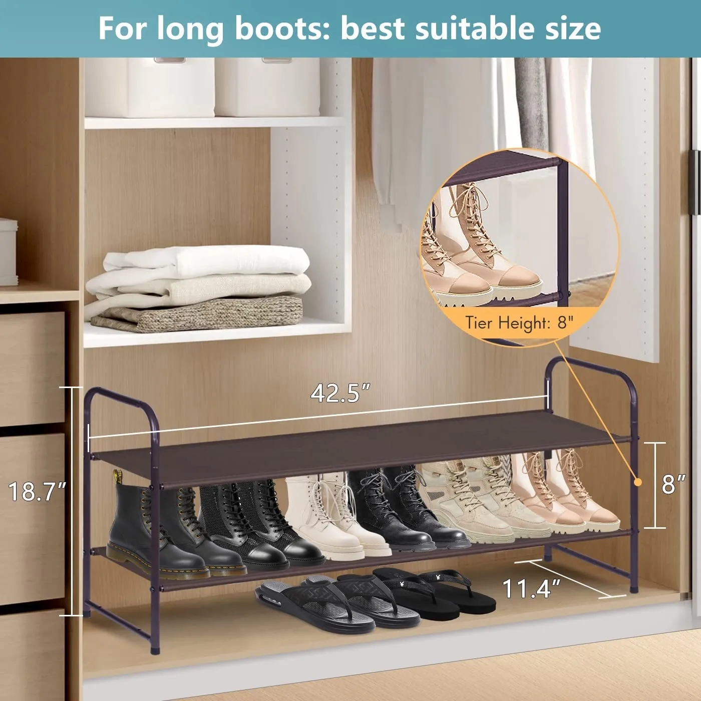 AOODA 2 Tier Long Shoe Rack for Closet Stackable Wide Low 18-Pairs Fabric Shoe Shelf Storage Organizer for Floor,Bedroom (Bronze)
