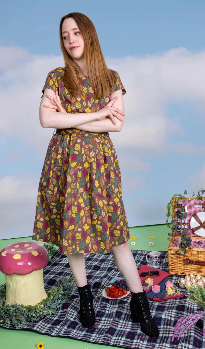 Autumn Leaves Stretch Belted Tea Dress