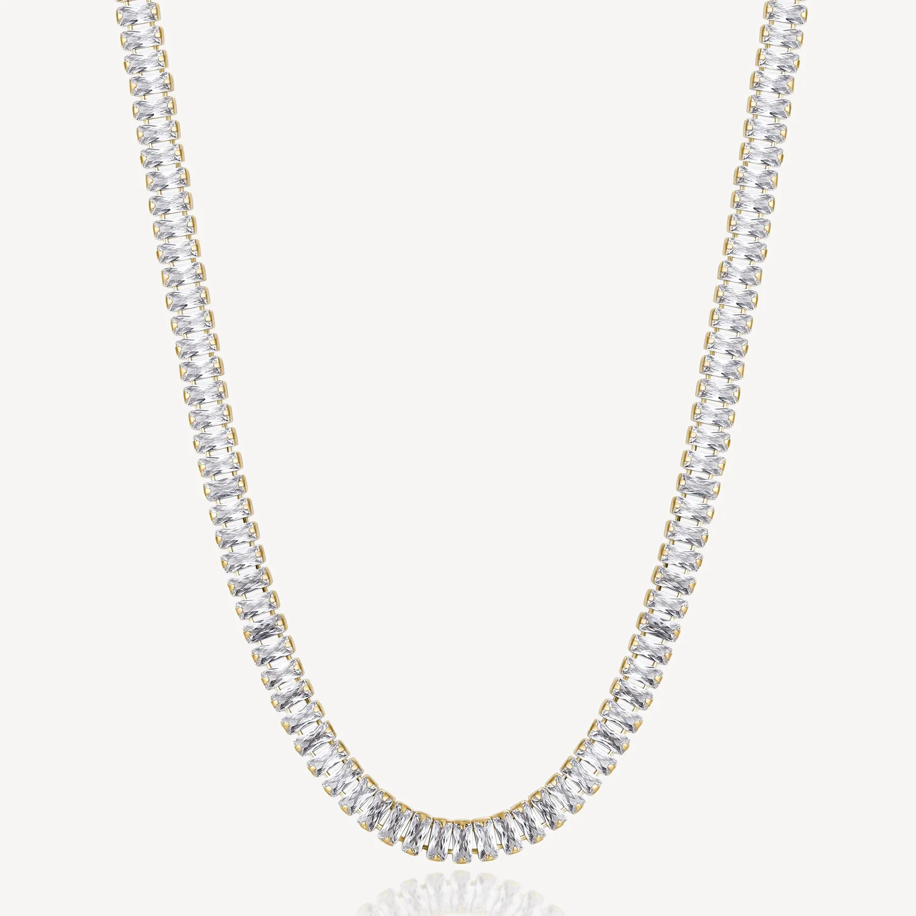 Baguette Cubic Zirconia Tennis Necklace in Gold Plated Stainless Steel