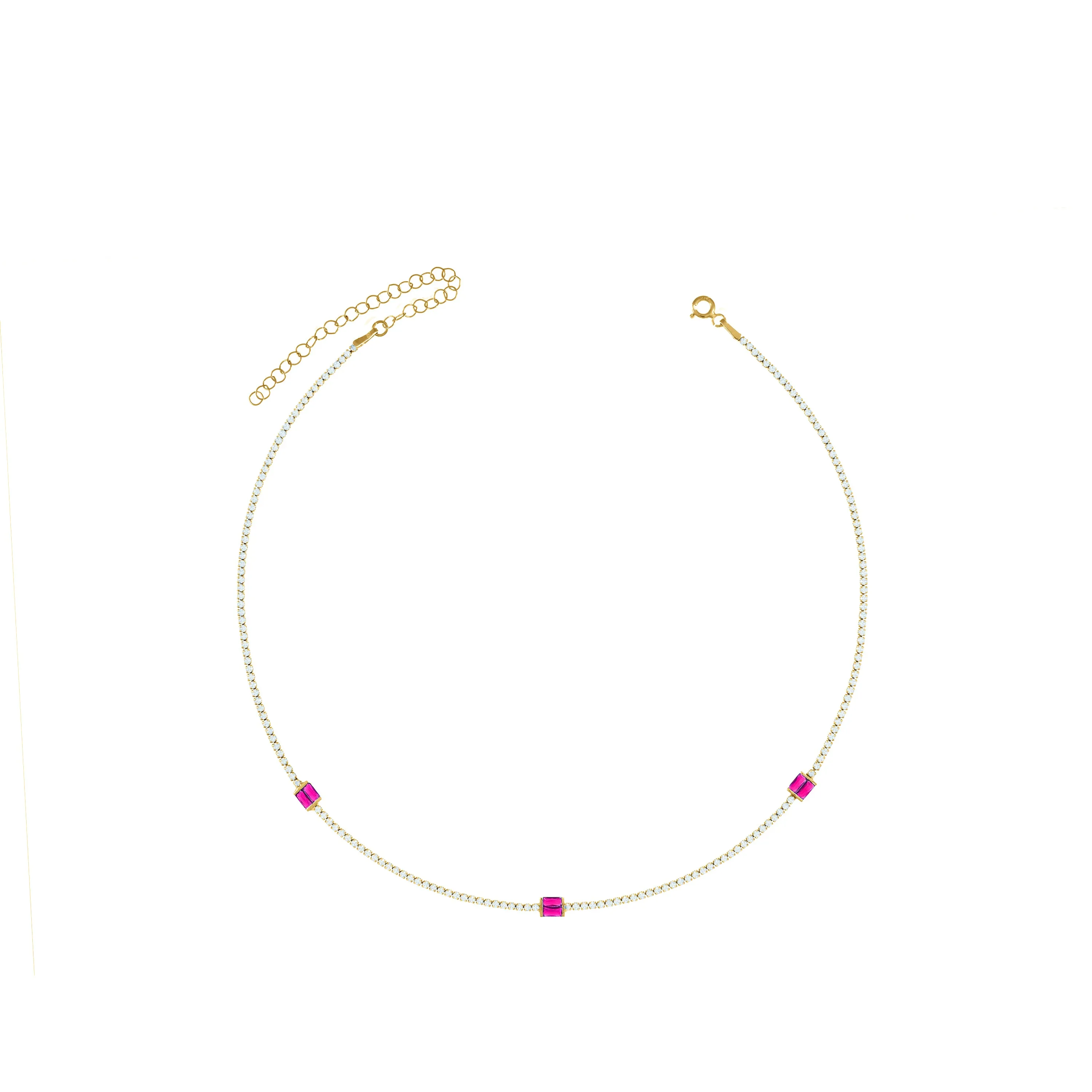 Baguette Cut Tennis Choker - Gold Fuchsia And White - Three Baguette