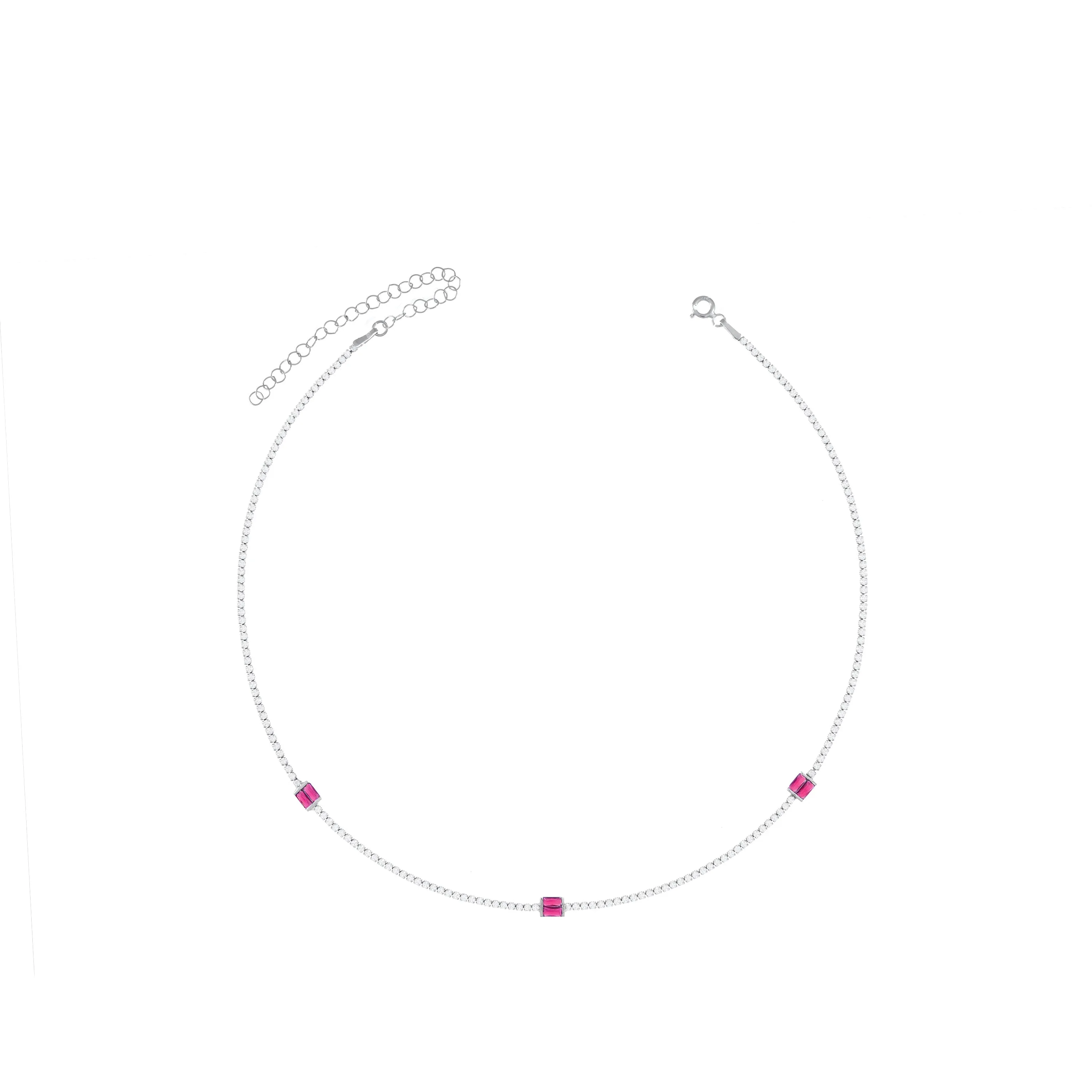Baguette Cut Tennis Choker - Silver Fuchsia And White - Three Baguette