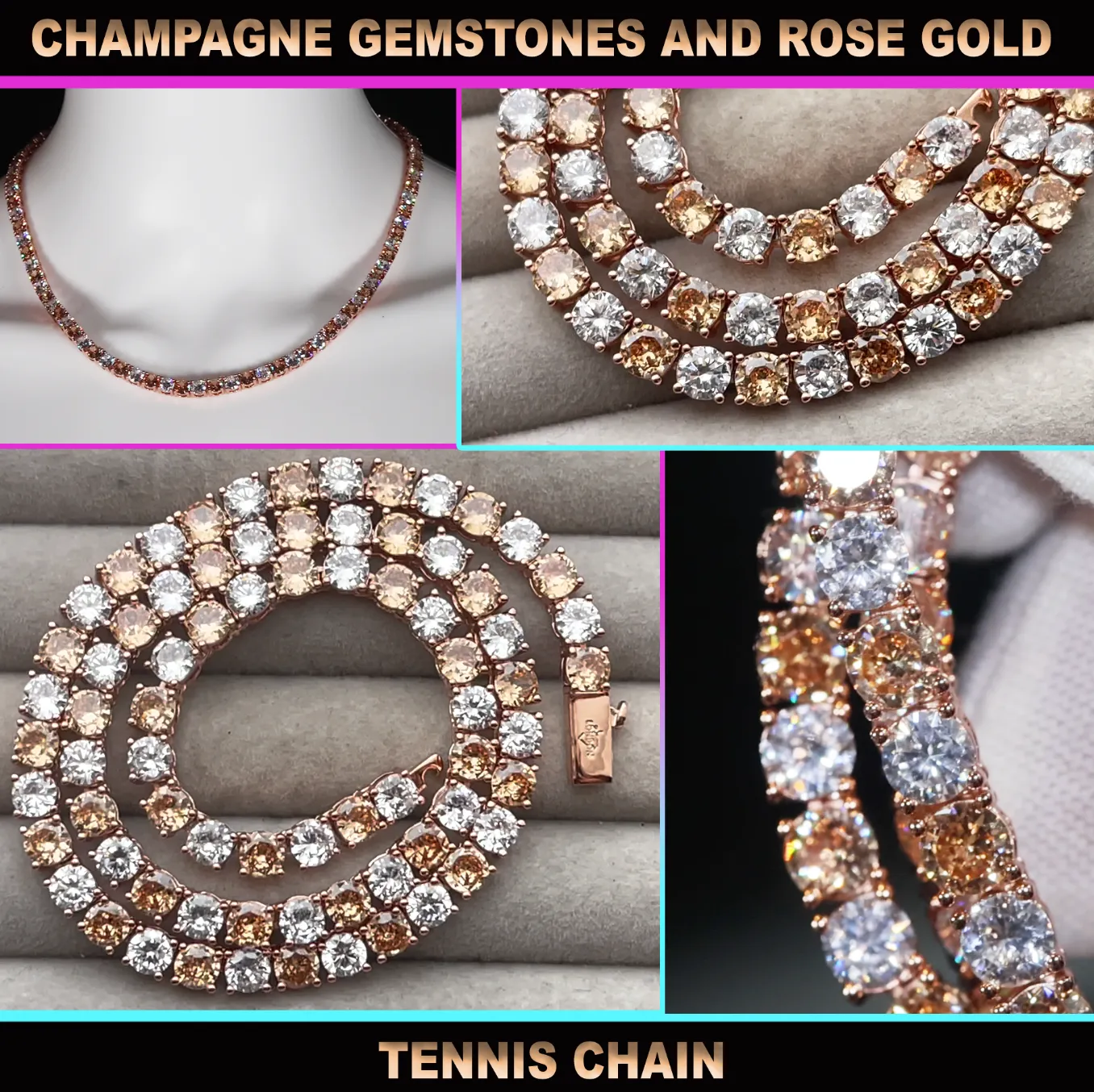 Champagne Diamond Tennis Chain | Rose Gold Diamond Tennis Chain