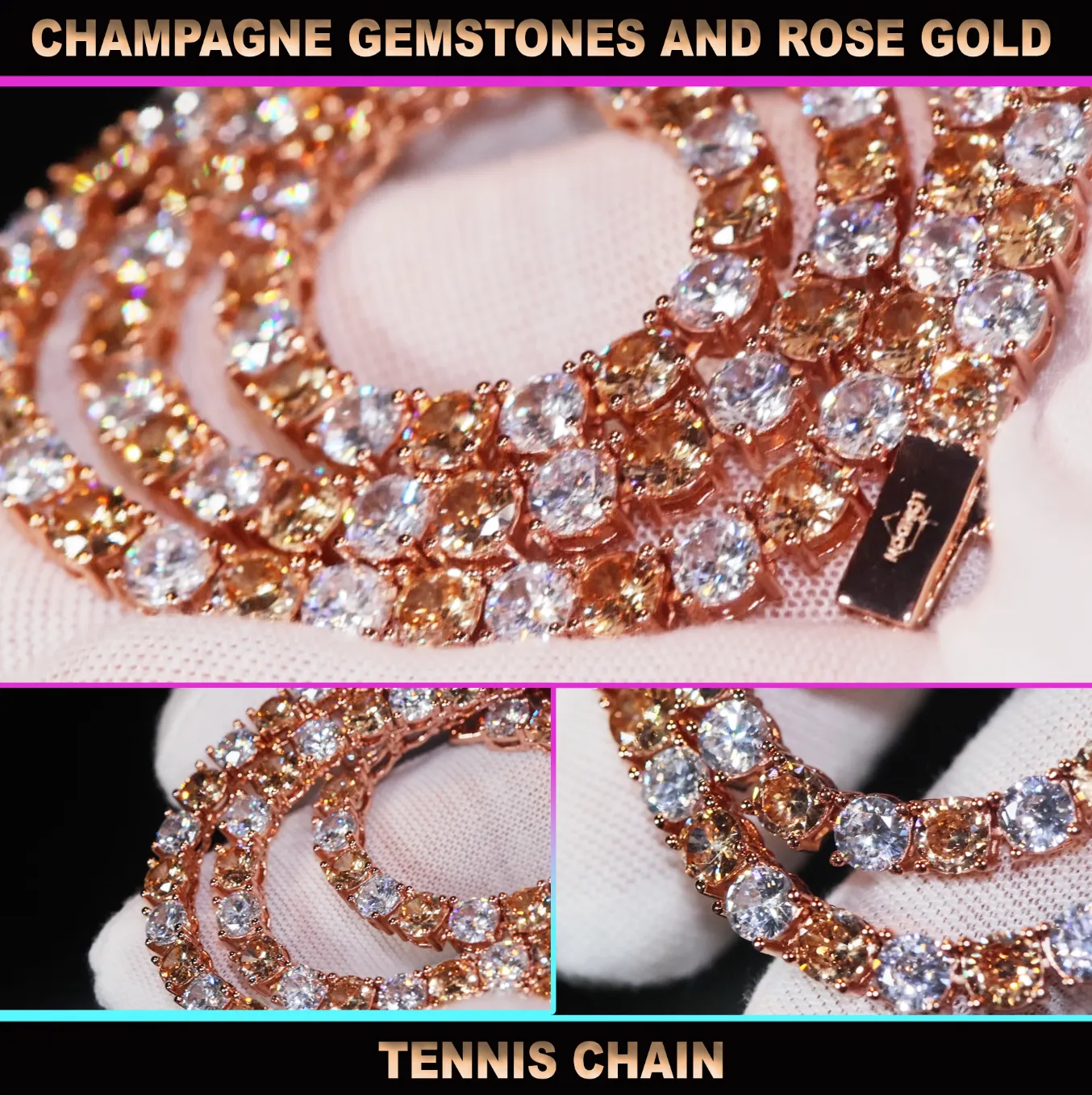 Champagne Diamond Tennis Chain | Rose Gold Diamond Tennis Chain