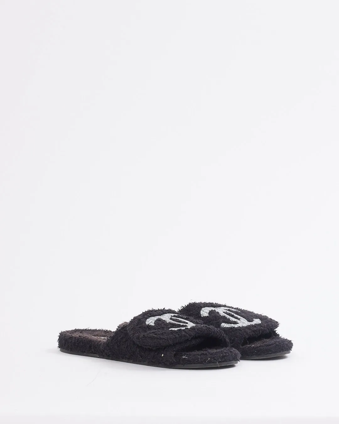 Chanel Black/White Terry Cloth CC Logo Slides - 39
