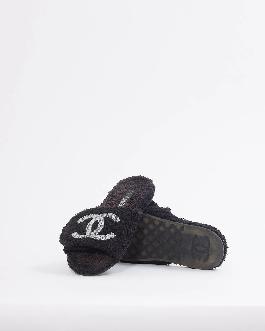 Chanel Black/White Terry Cloth CC Logo Slides - 39