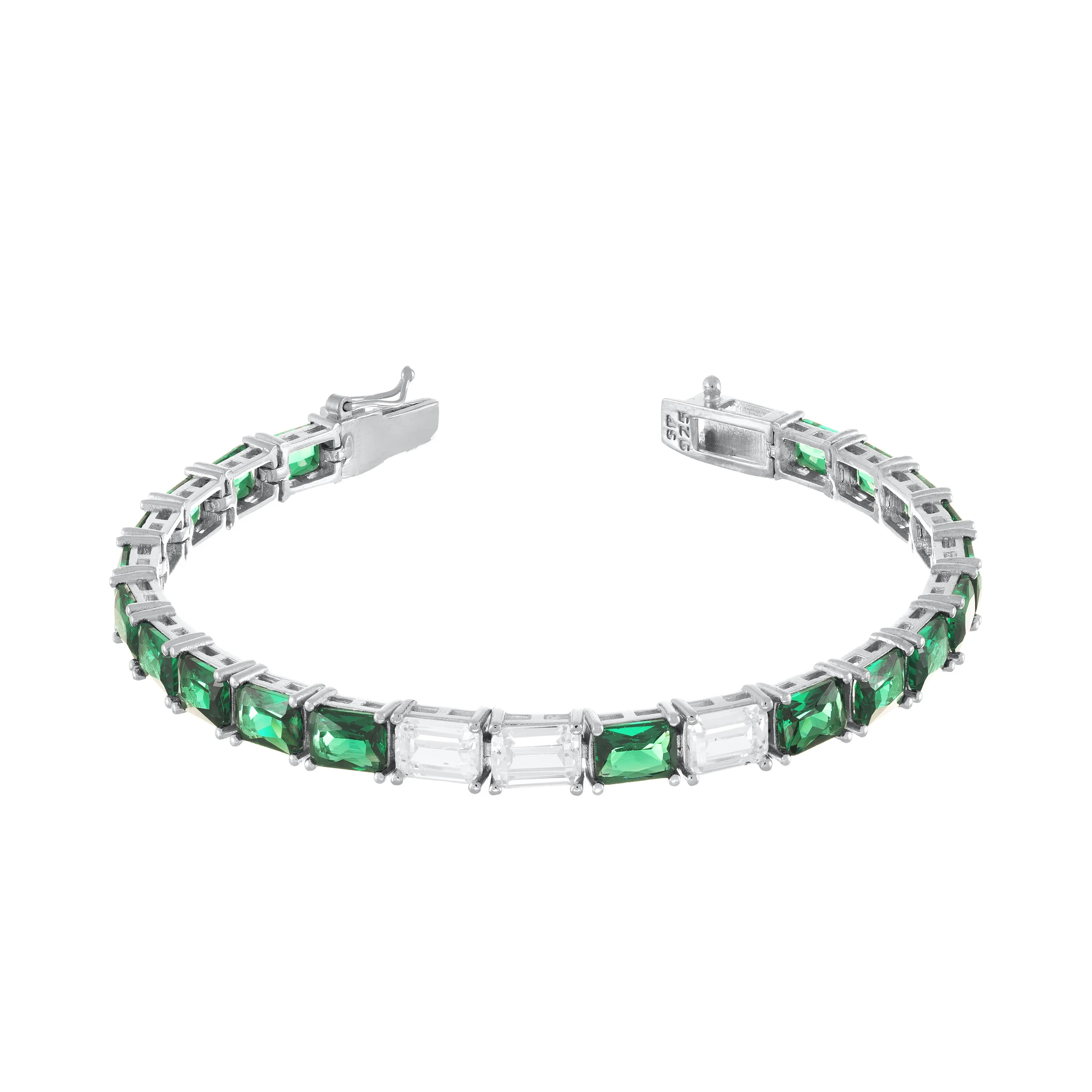 Cubic Zirconia Emerald Cut Tennis Bracelet With Box Clasp - Silver Green And White