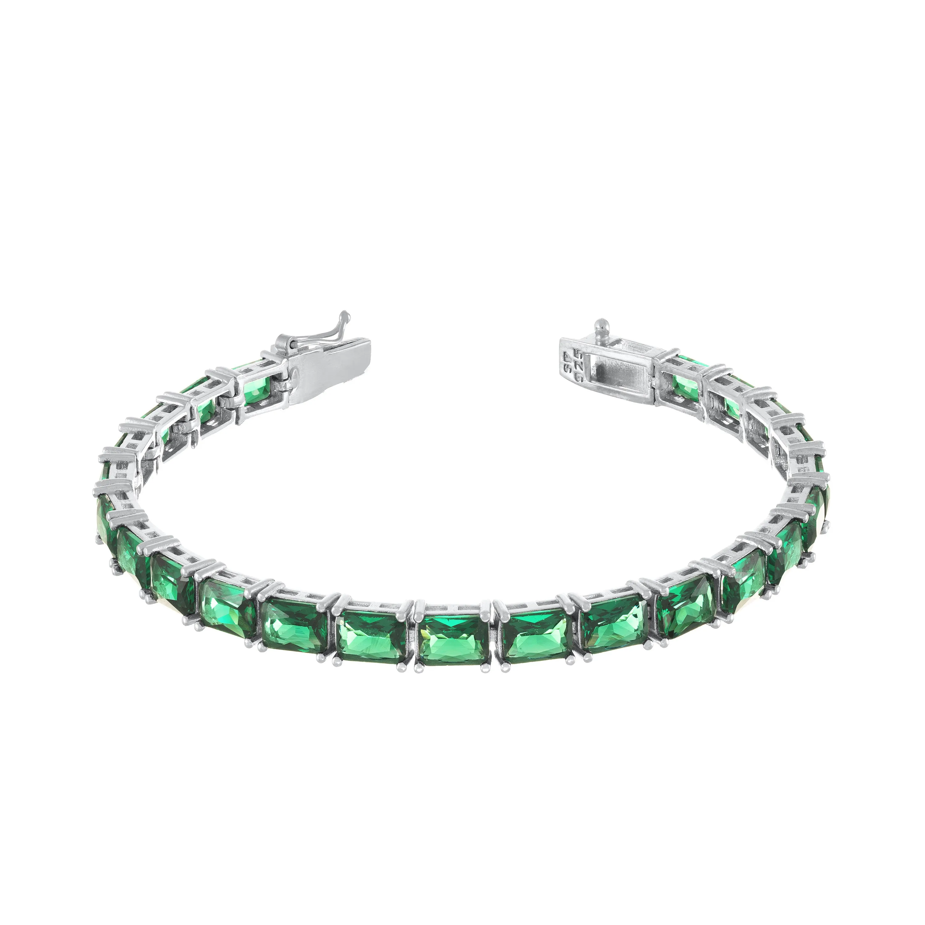 Cubic Zirconia Emerald Cut Tennis Bracelet With Box Clasp - Silver Green