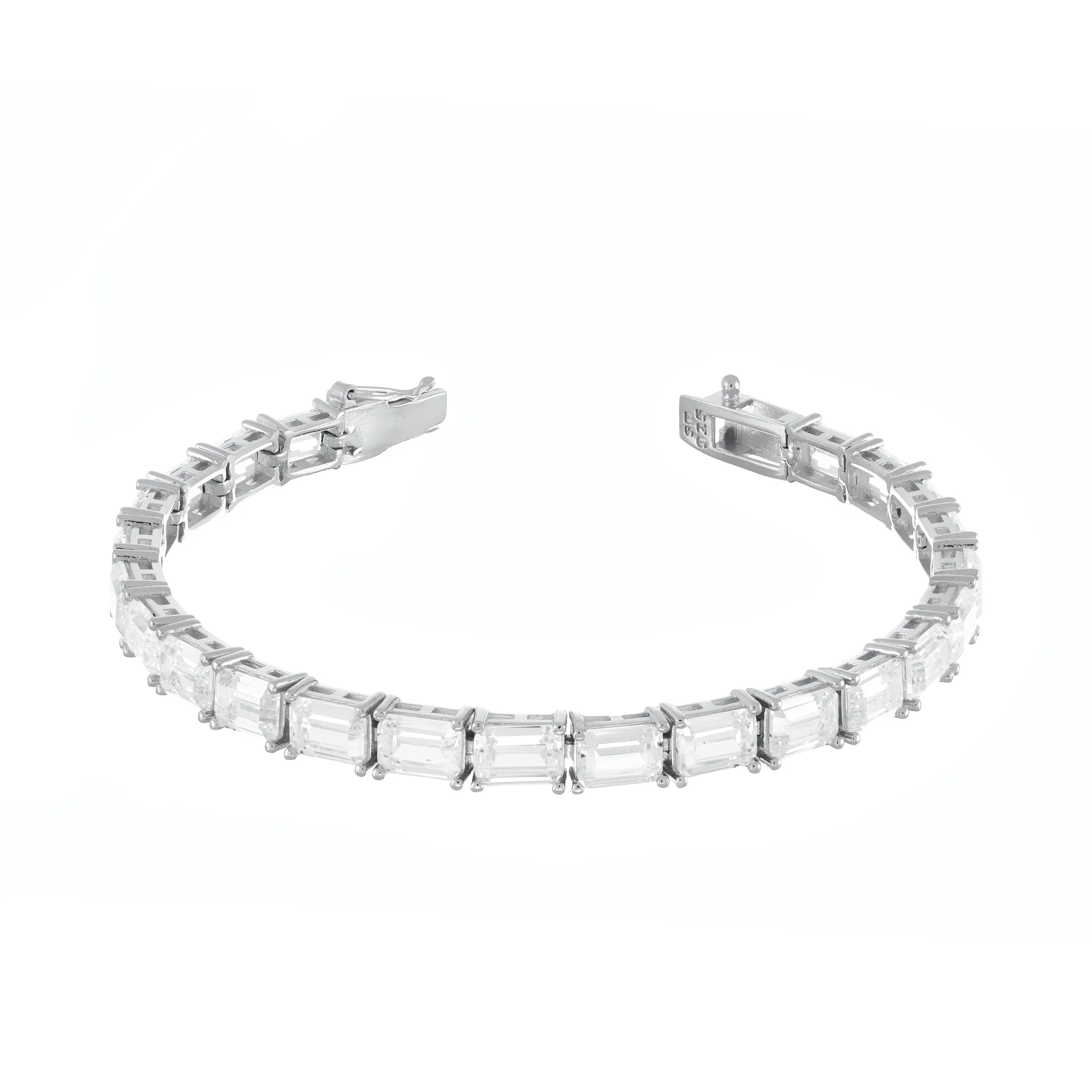 Cubic Zirconia Emerald Cut Tennis Bracelet With Box Clasp - Silver White