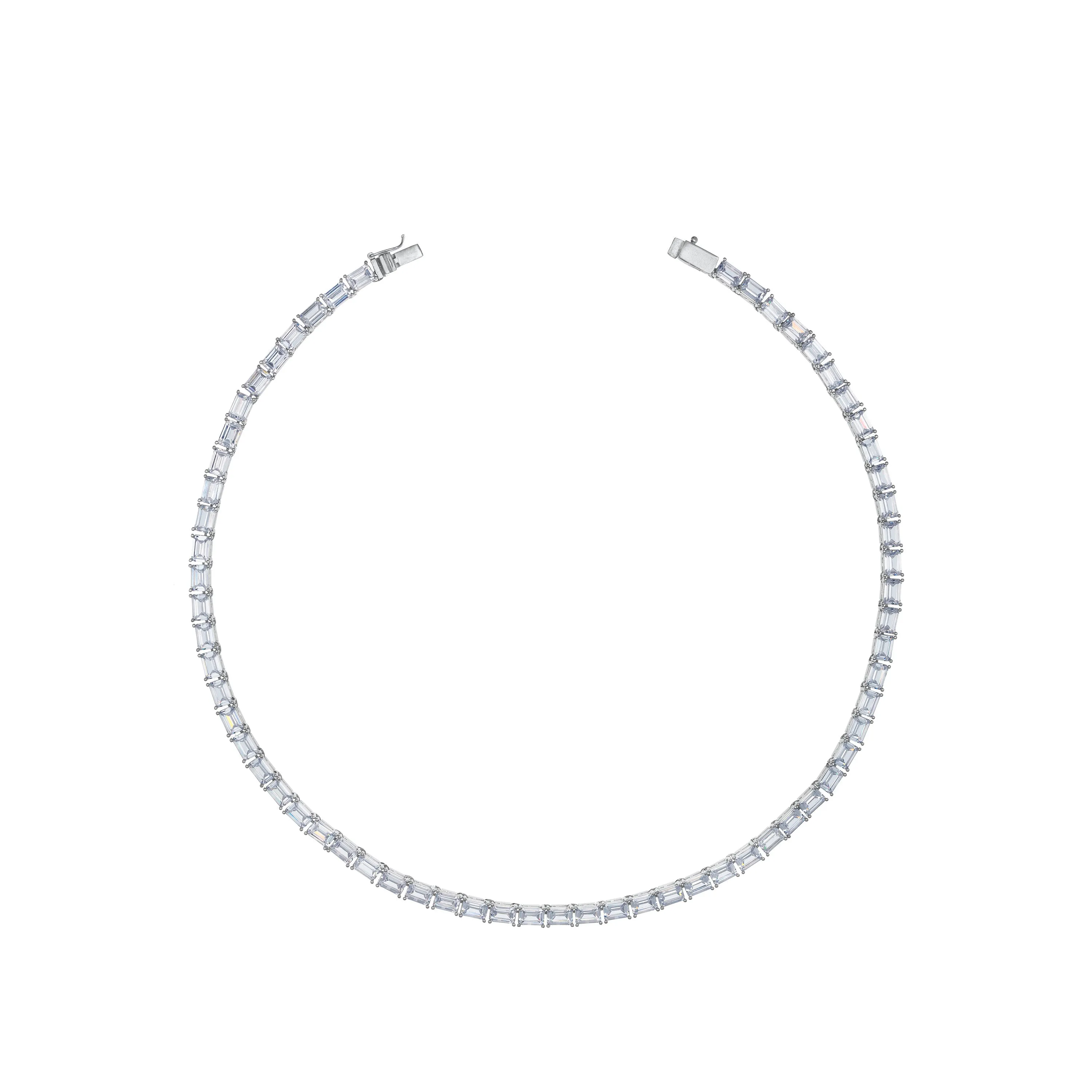 Cubic Zirconia Emerald Cut Tennis Necklace With Box Clasp - Silver White - 45cm