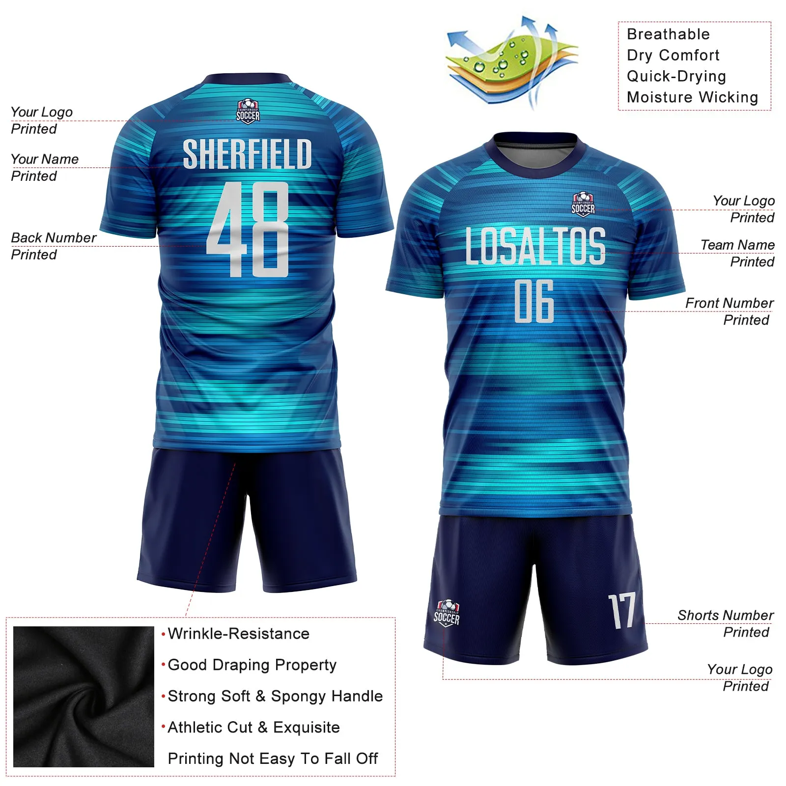 Custom Light Blue White-Black Sublimation Soccer Uniform Jersey