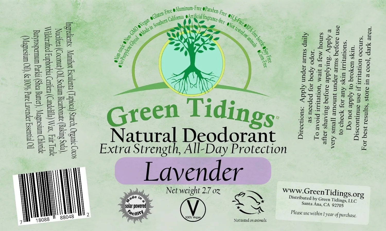 Green Tidings All Natural Deodorant- Lavender, 2.7 Ounces (5 PACK)