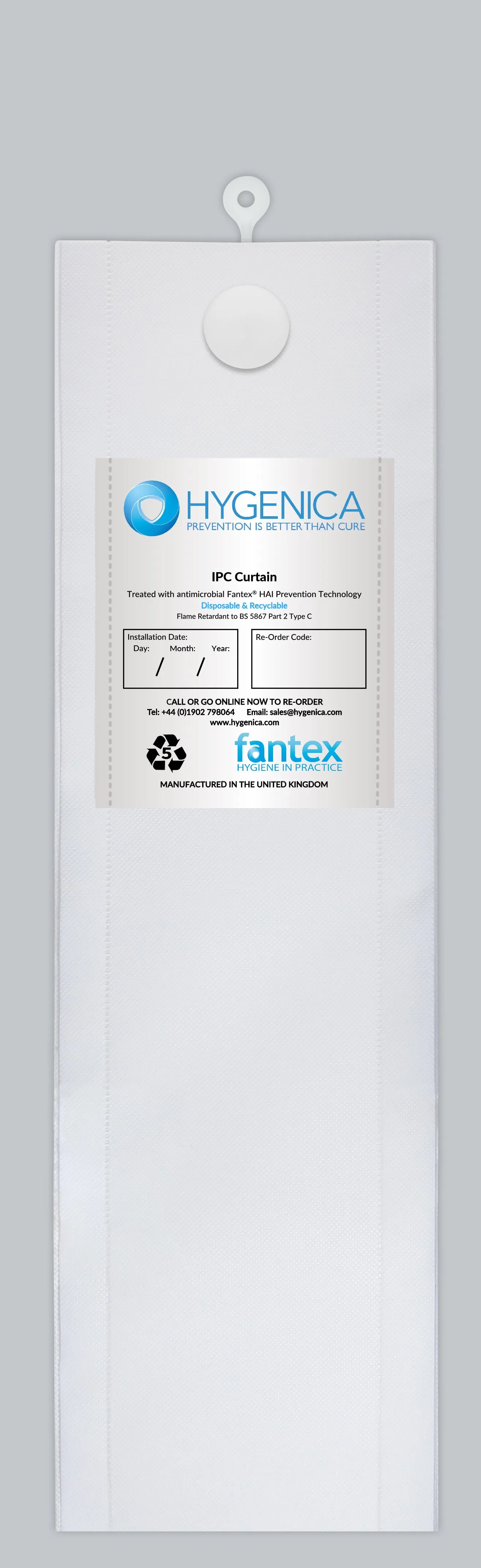 Hygenica - Anti-microbial Treated Fantex® IPC Disposable Shower Curtain - medium (3600mm x 2000mm), multiple hook options