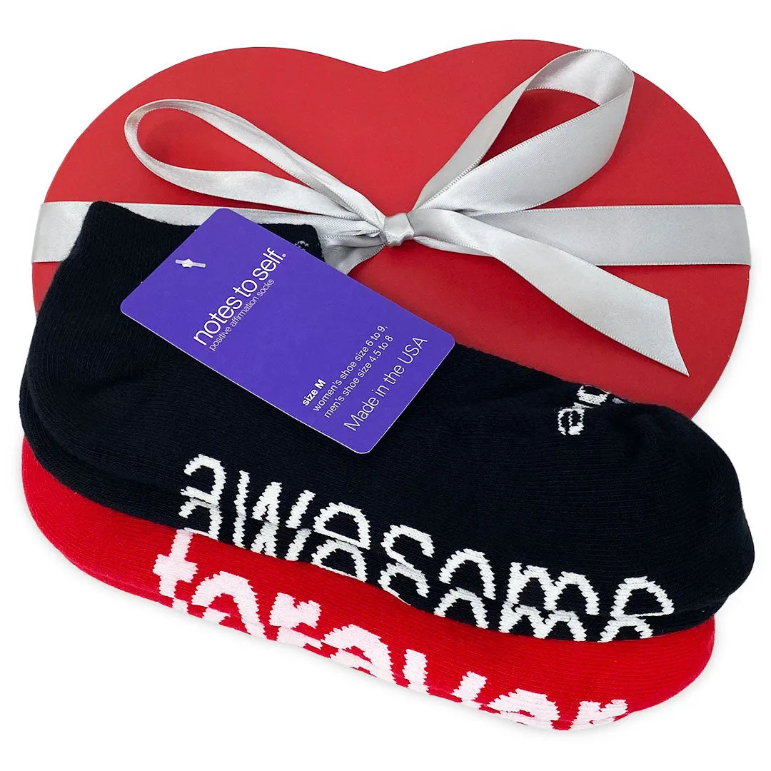I am awesome® black socks   I love you - forever™ red socks in red heart box