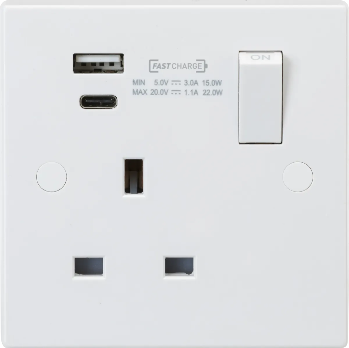 Knightsbridge SN9919D White Square Edge 13A 1G DP Switched Socket   2xUSB A C (20V DC 1.1A) Max. 22W