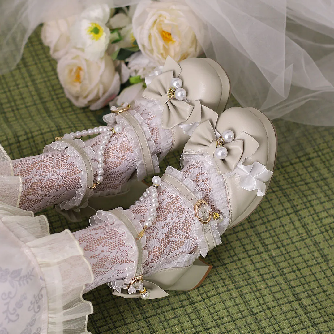 Lolita Bow Beaded Lace Heels Shoes