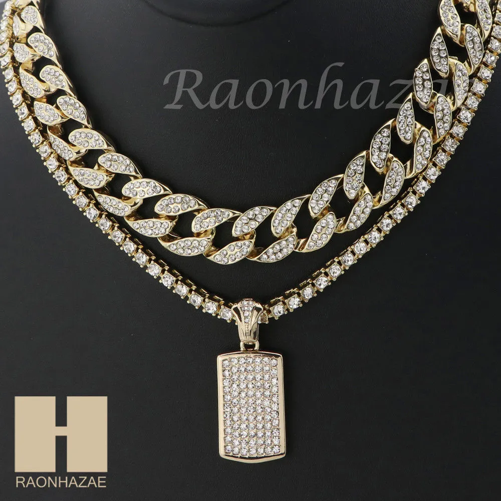 MENS 14K GOLD PT DOG TAG MIAMI CUBAN 16"~30" CHOKER TENNIS CHAIN S028