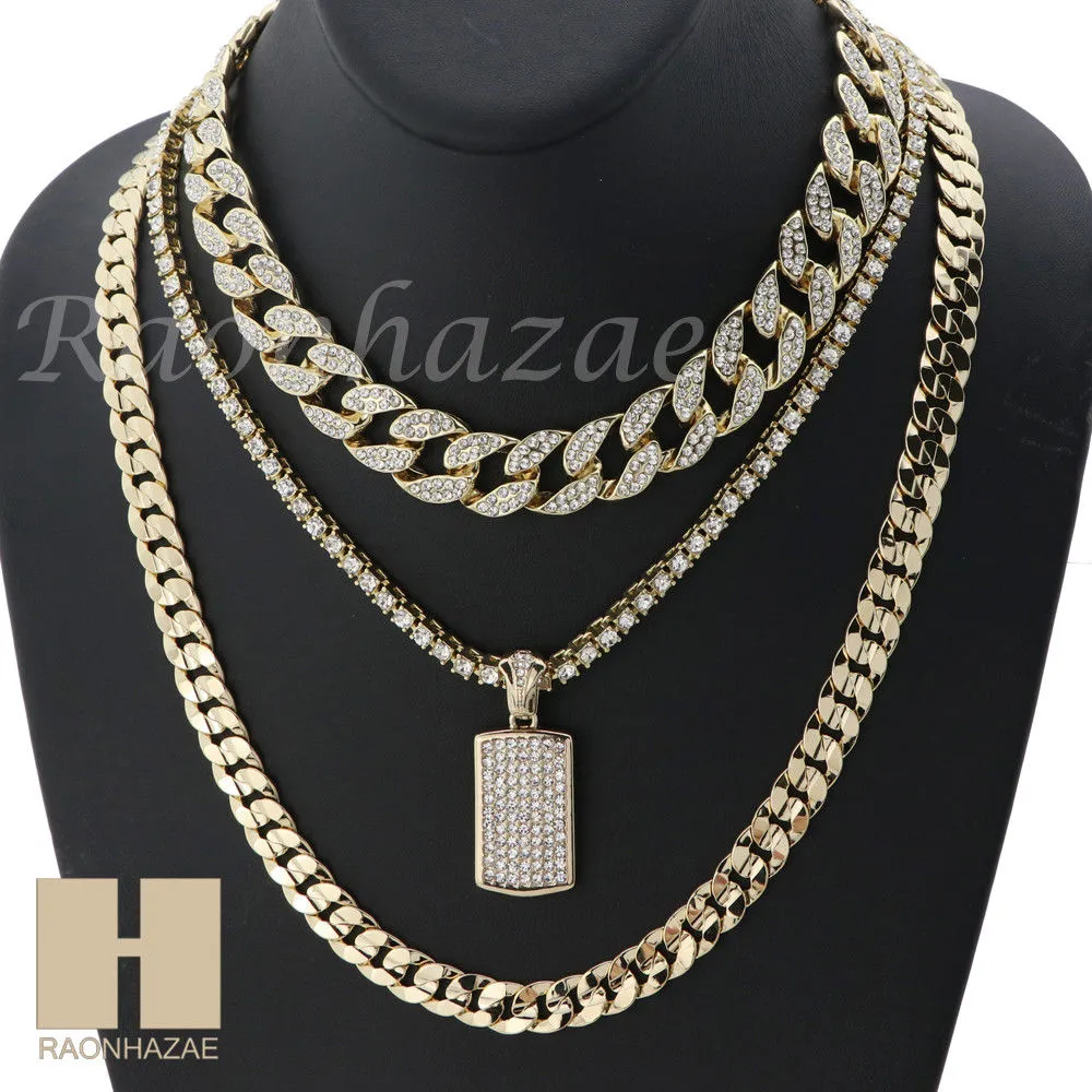 MENS 14K GOLD PT DOG TAG MIAMI CUBAN 16"~30" CHOKER TENNIS CHAIN S028