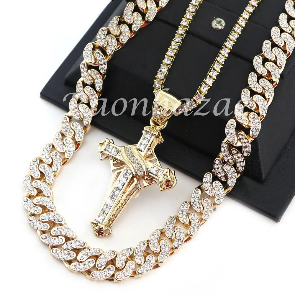 MENS 14K GOLD PT JESUS CROSS 18" TENNIS CHAIN 16" 30" CHOKER CUBAN CHAIN S28G