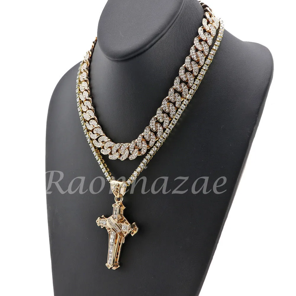 MENS 14K GOLD PT JESUS CROSS 18" TENNIS CHAIN 16" 30" CHOKER CUBAN CHAIN S28G