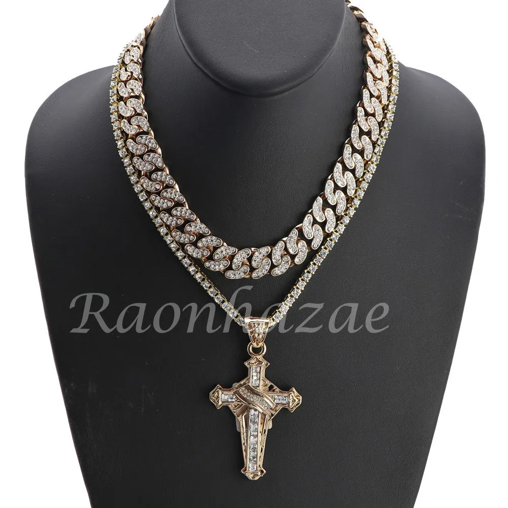 MENS 14K GOLD PT JESUS CROSS 18" TENNIS CHAIN 16" 30" CHOKER CUBAN CHAIN S28G
