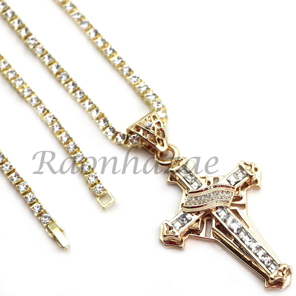 MENS 14K GOLD PT JESUS CROSS 18" TENNIS CHAIN 16" 30" CHOKER CUBAN CHAIN S28G