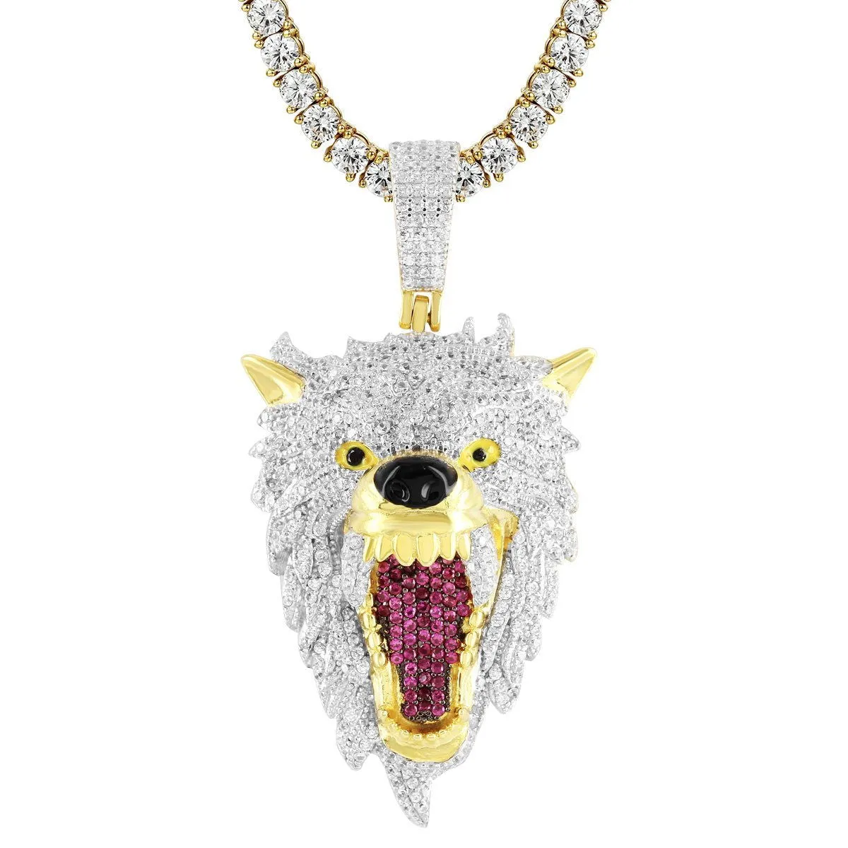 Men's Roaring Wolf Fierce Animal  Silver Pendant Chain