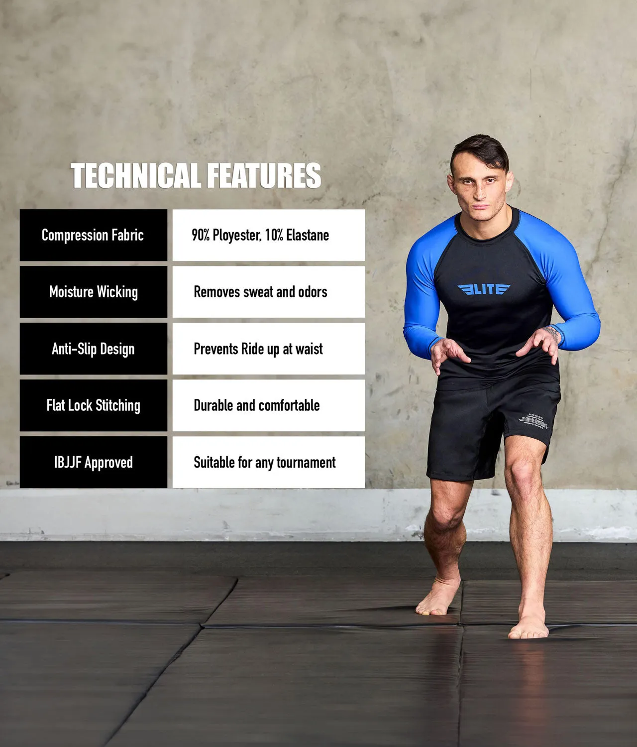 Men's Standard Blue Long Sleeve No-Gi BJJ Rash Guard
