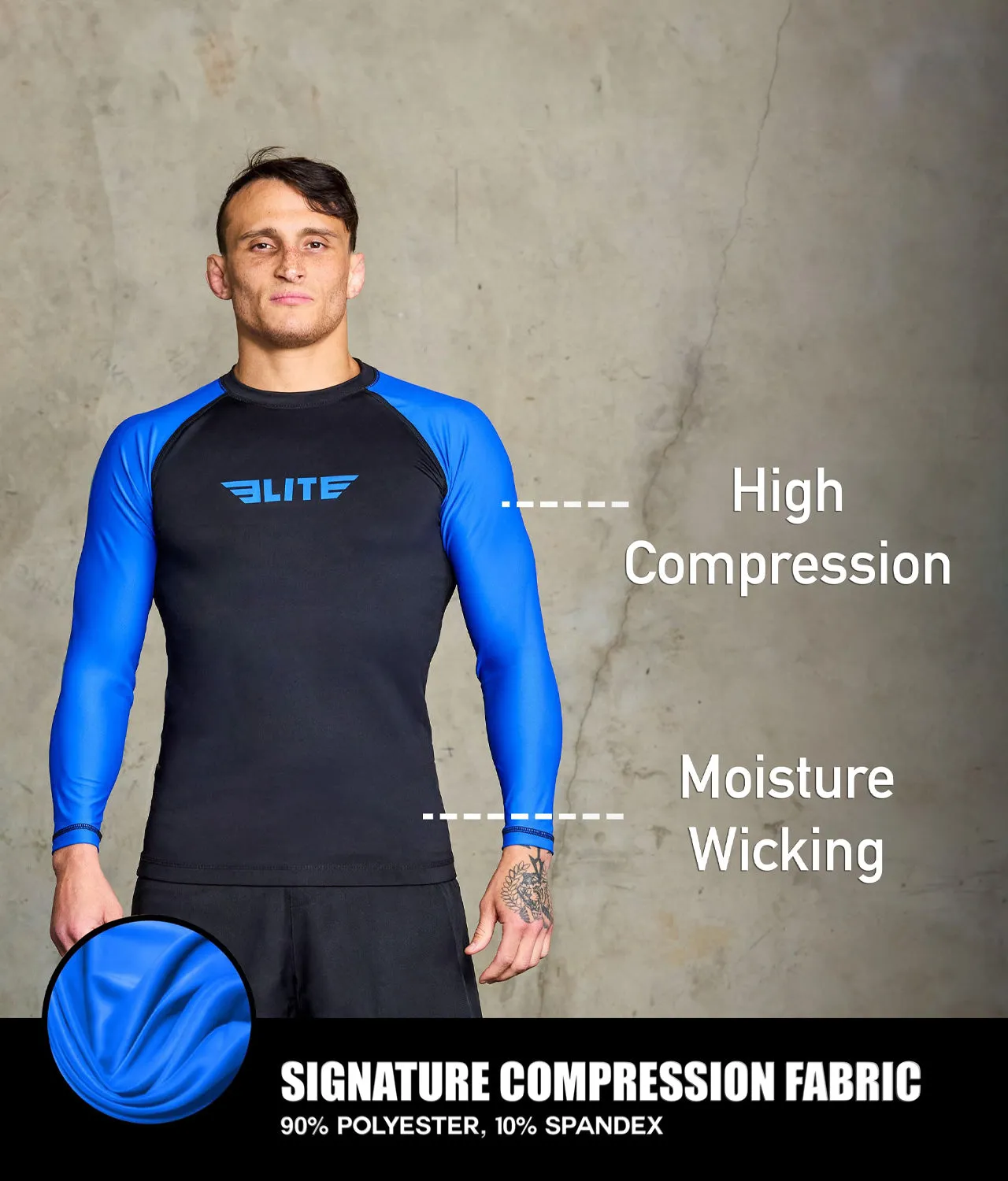 Men's Standard Blue Long Sleeve No-Gi BJJ Rash Guard