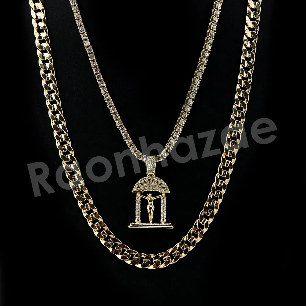Micro Pave Jesus Cross Pendant w/ 18" Tennis / 30" Cuban Chain X3