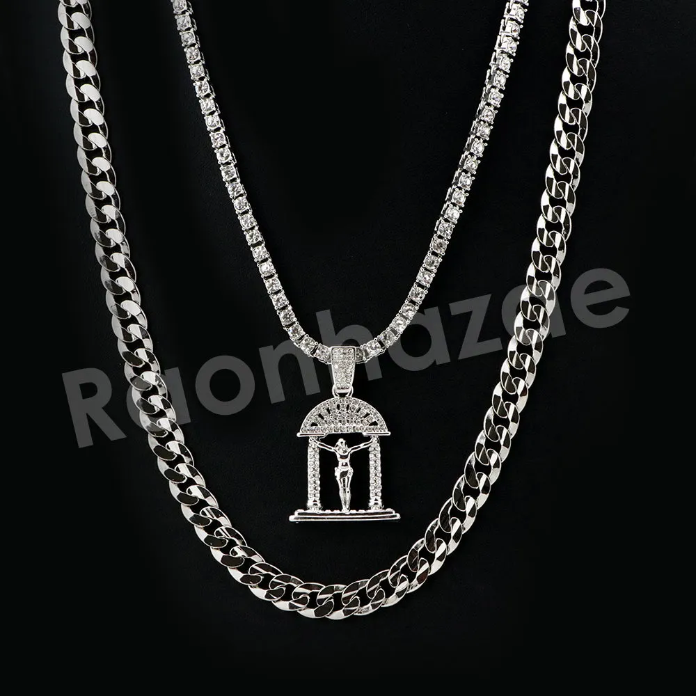 Micro Pave Jesus Cross Pendant w/ 18" Tennis / 30" Cuban Chain X3