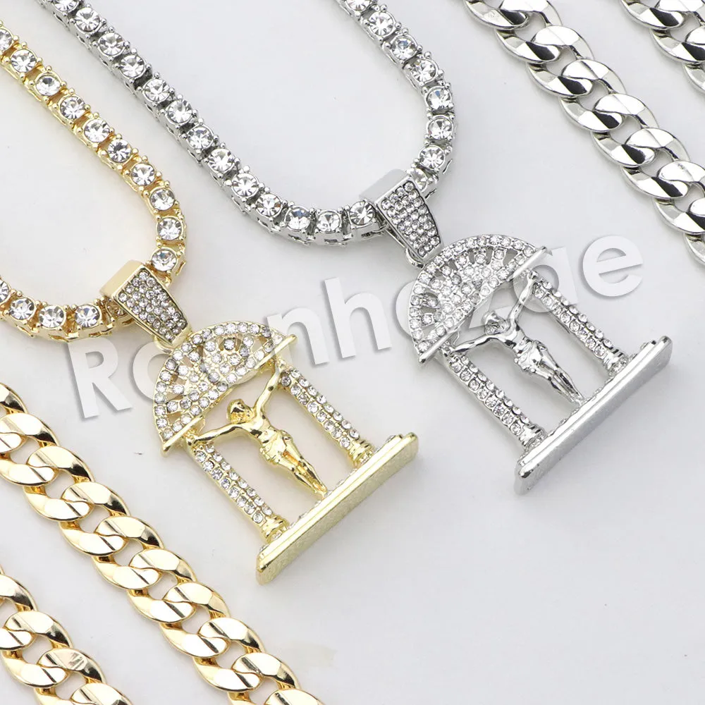 Micro Pave Jesus Cross Pendant w/ 18" Tennis / 30" Cuban Chain X3