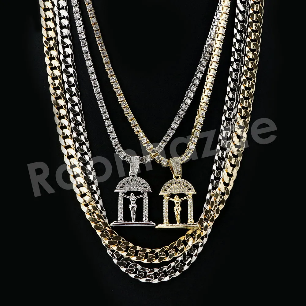Micro Pave Jesus Cross Pendant w/ 18" Tennis / 30" Cuban Chain X3