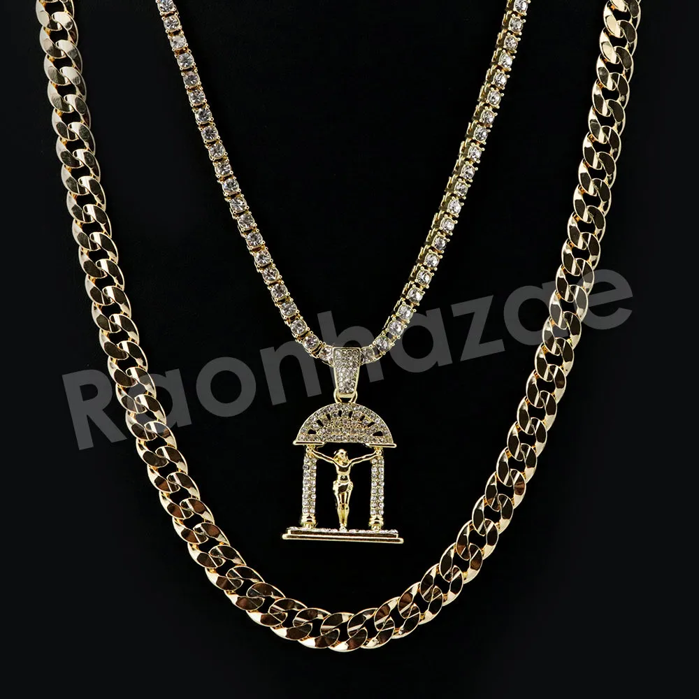 Micro Pave Jesus Cross Pendant w/ 18" Tennis / 30" Cuban Chain X3