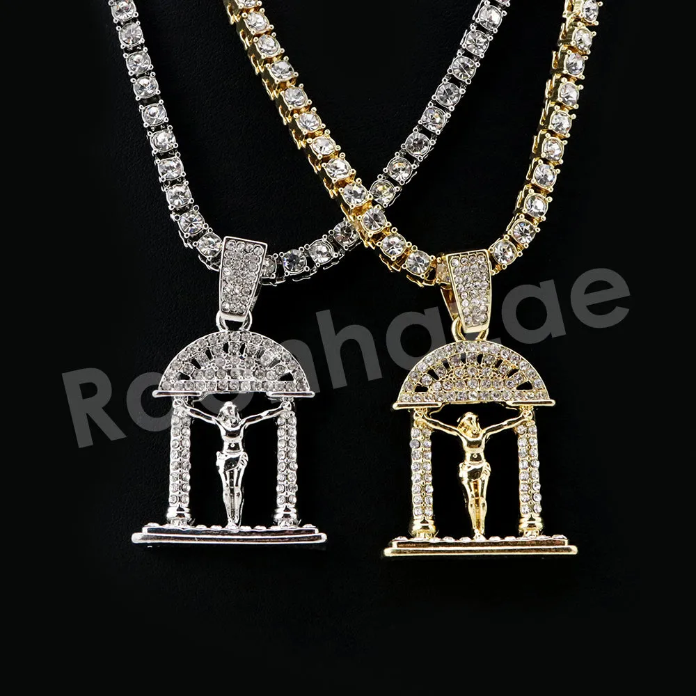 Micro Pave Jesus Cross Pendant w/ 18" Tennis / 30" Cuban Chain X3