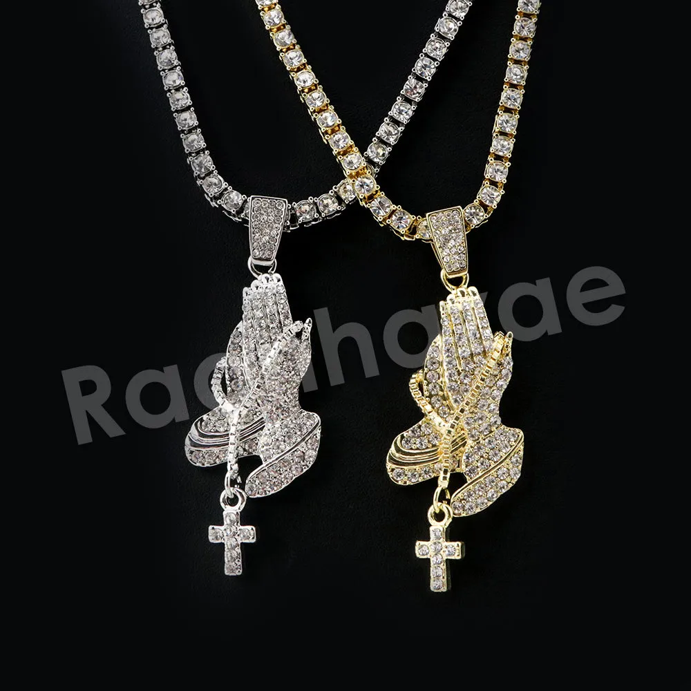 Micro Pave Jesus Praying Hands Pendant w/ 18" Tennis / 30" Cuban Chain