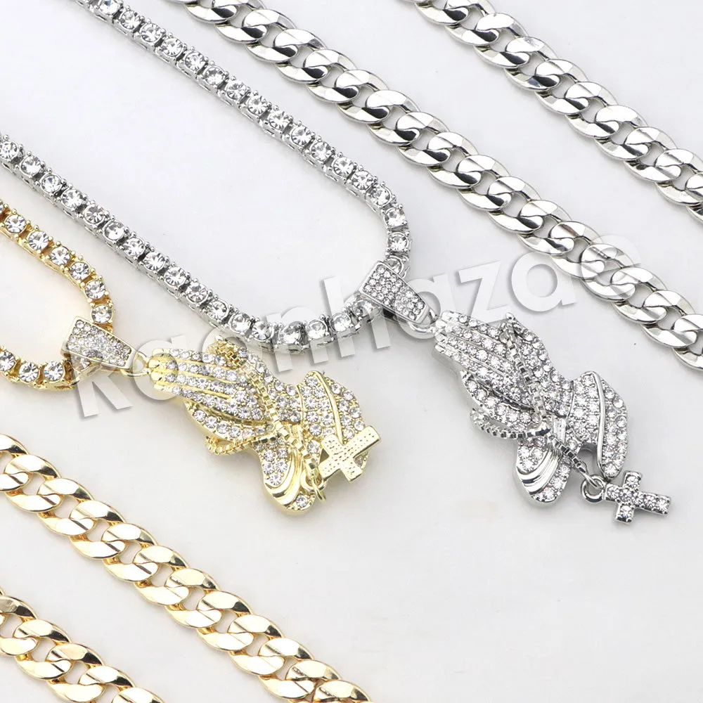 Micro Pave Jesus Praying Hands Pendant w/ 18" Tennis / 30" Cuban Chain