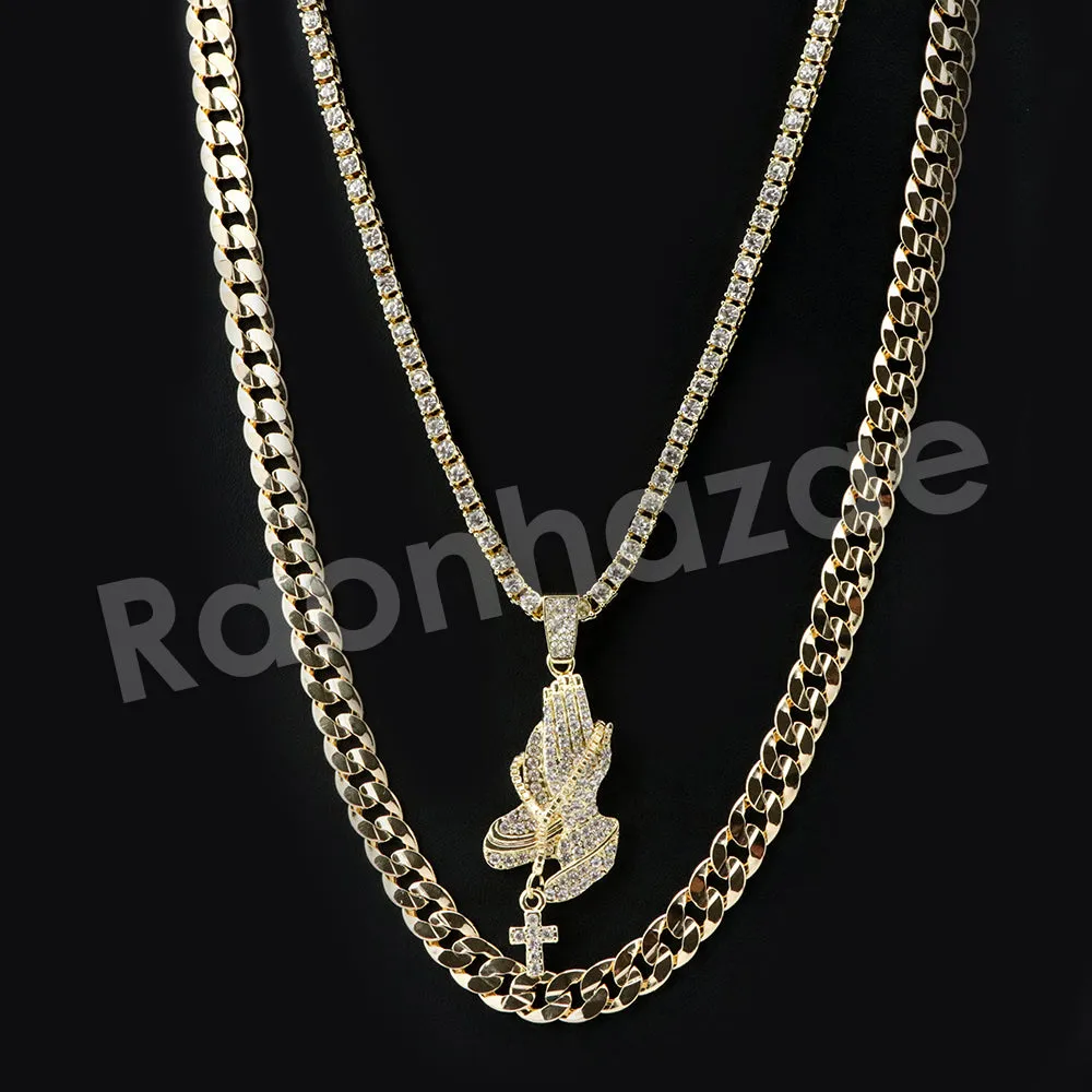 Micro Pave Jesus Praying Hands Pendant w/ 18" Tennis / 30" Cuban Chain