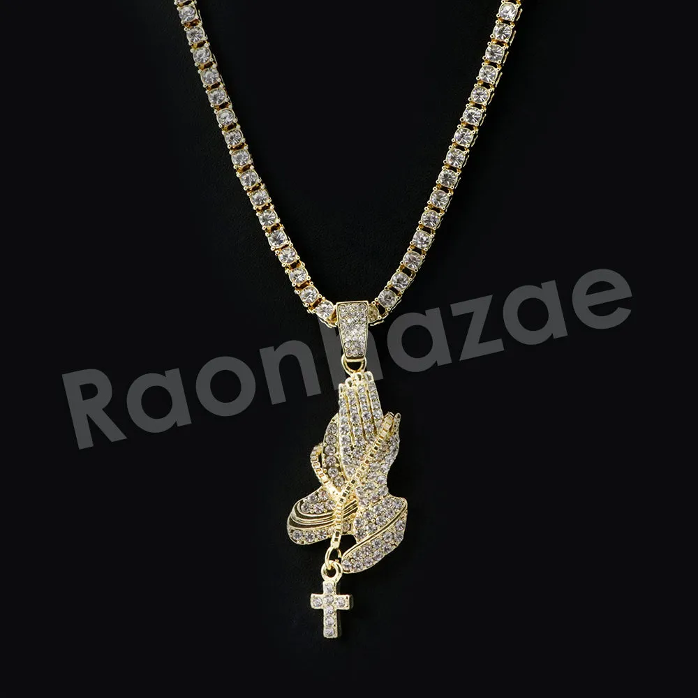 Micro Pave Jesus Praying Hands Pendant w/ 18" Tennis / 30" Cuban Chain