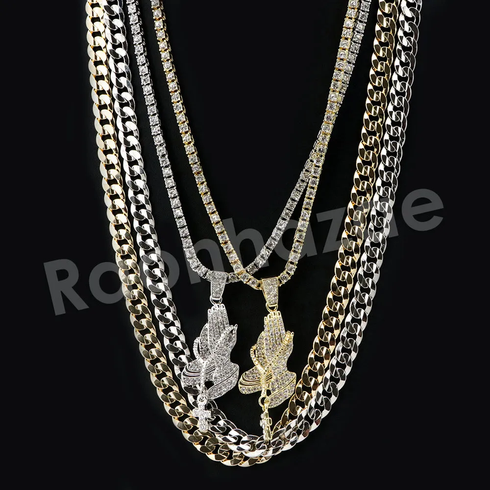 Micro Pave Jesus Praying Hands Pendant w/ 18" Tennis / 30" Cuban Chain