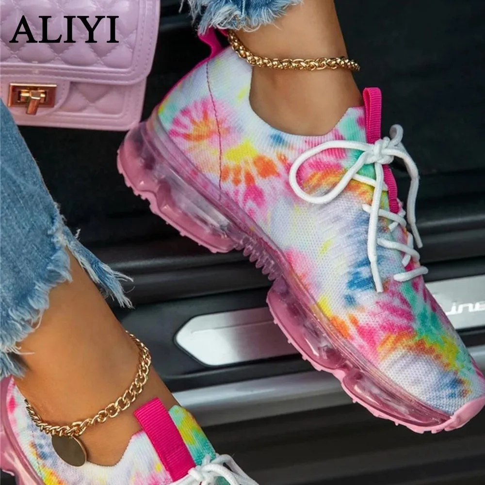 Mix Colors Stretch Fabric Ladies Lace Up Casual Vulcanized Shoes Sports Shoes