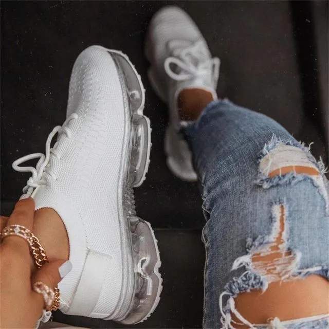 Mix Colors Stretch Fabric Ladies Lace Up Casual Vulcanized Shoes Sports Shoes