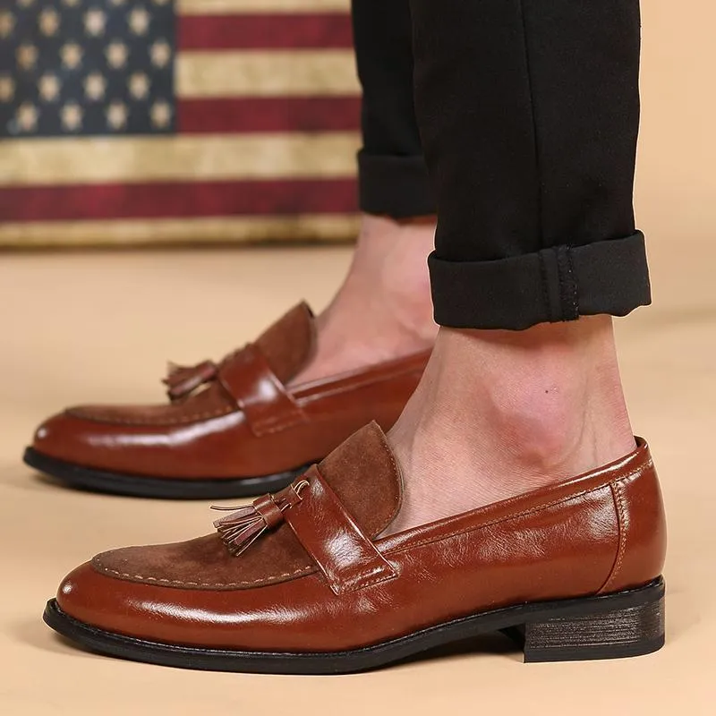 New Arrival Men Brown Boat Shoes Fashion Pointed Toe Suede Tassel Business Leisure Leather Shoes Slip On Loafer Black-JonasParamount