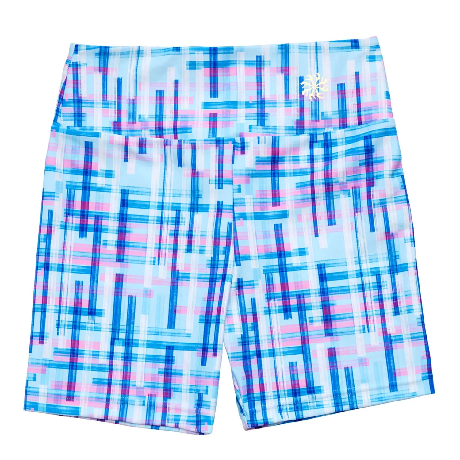 Nicole: Midi Length Bike Shorts in Blue Grid Print